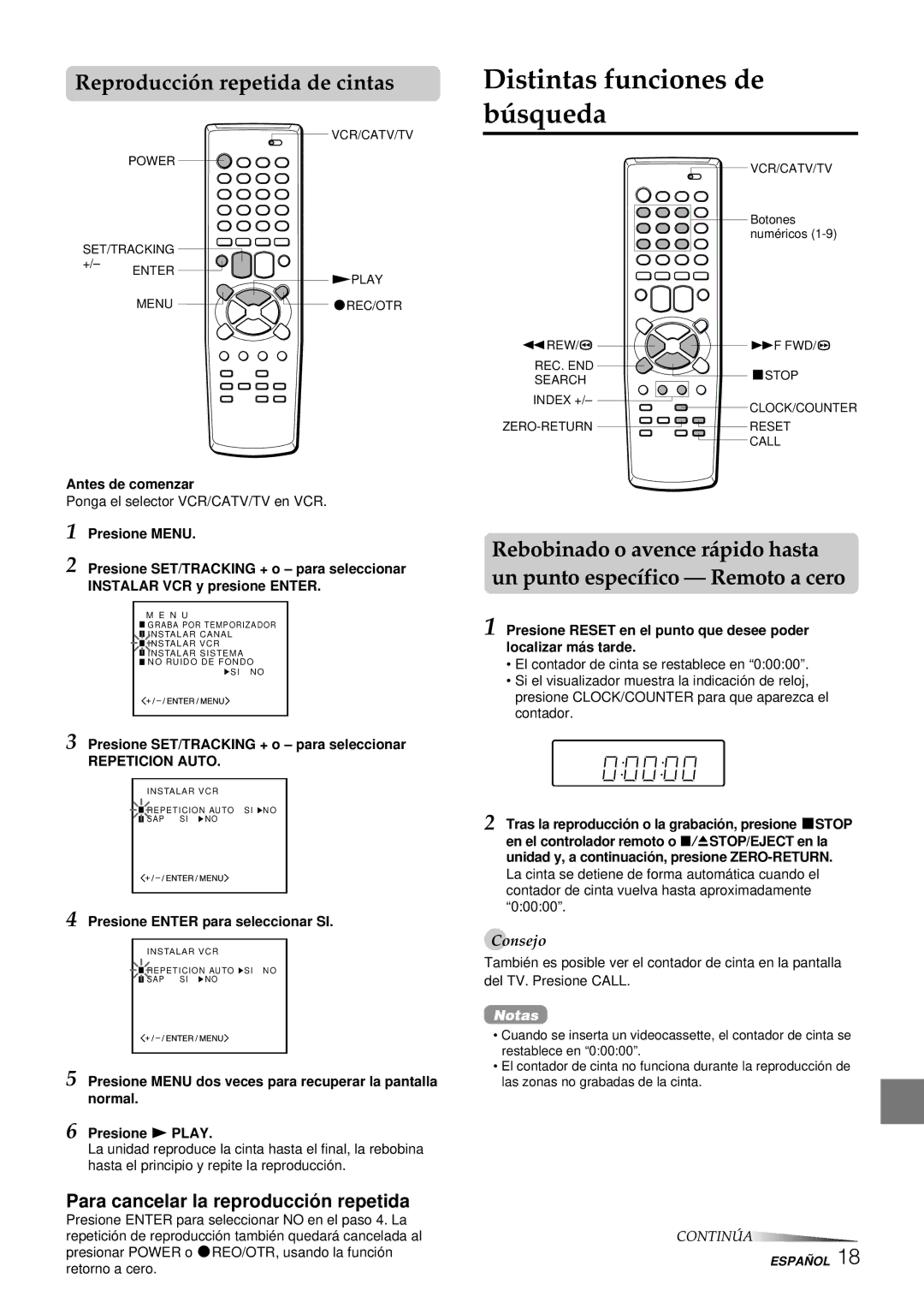 Aiwa HV-FX8100U Distintas funciones de búsqueda, Reproducción repetida de cintas, Para cancelar la reproducció n repetida 