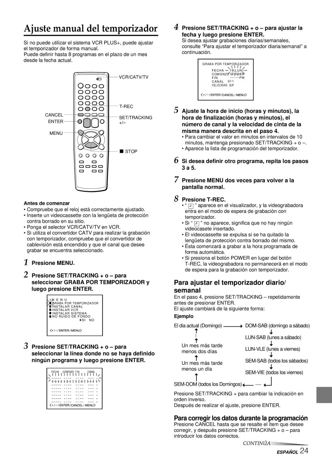 Aiwa HV-FX8100U Ajuste manual del temporizador, Para ajustar el temporizador diario/ semanal, Ejemplo 