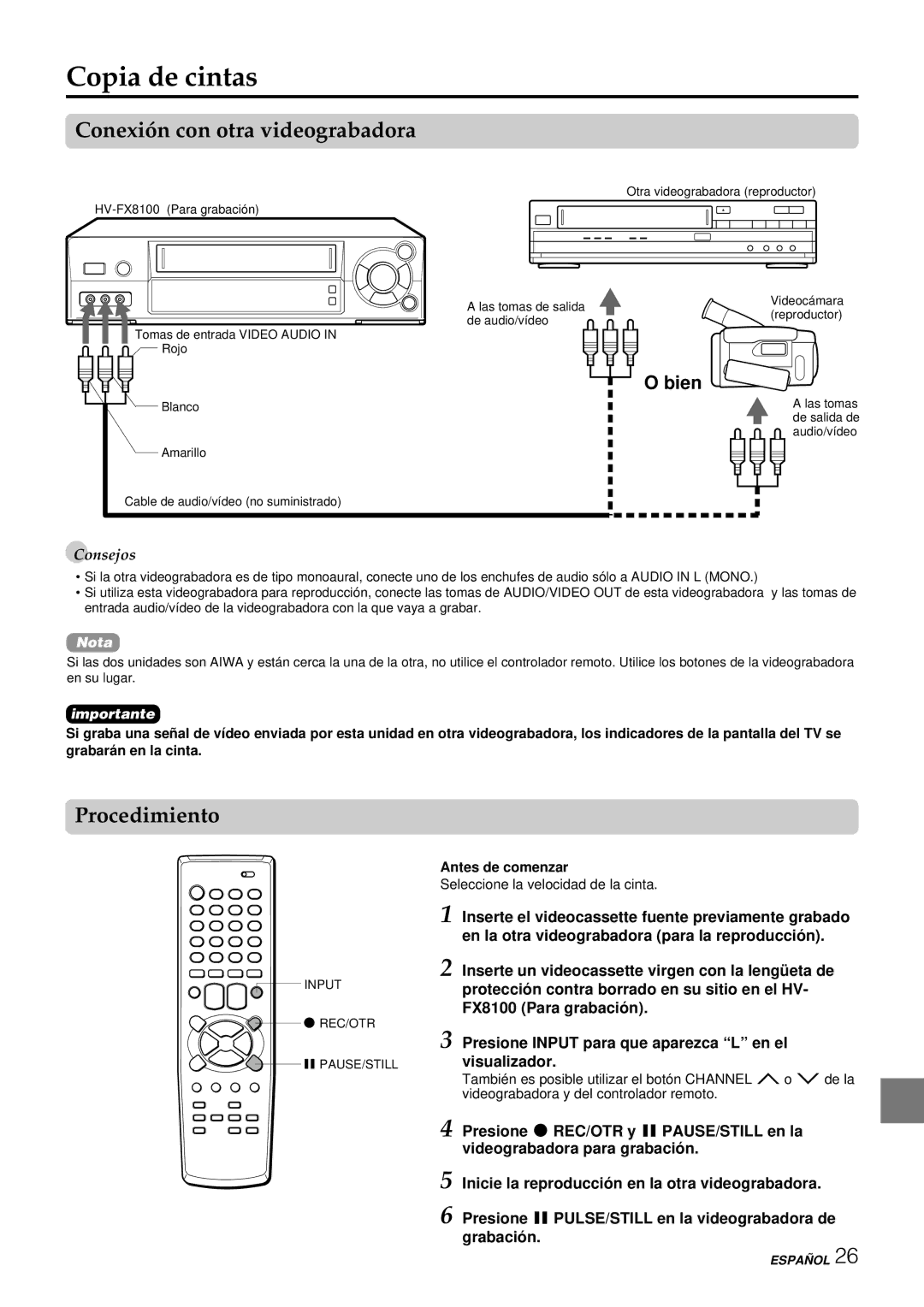 Aiwa HV-FX8100U operating instructions Copia de cintas, Conexión con otra videograbadora, Procedimiento, Bien 