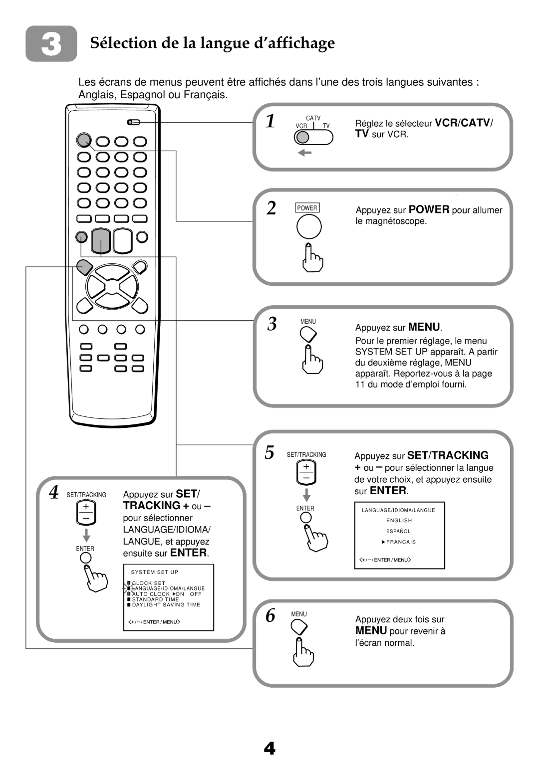 Aiwa HV-FX8100U operating instructions Sélection de la langue d’affichage, Tracking + ou 