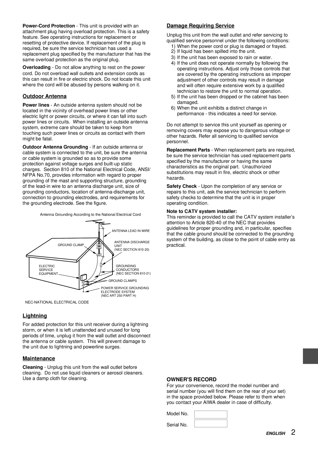 Aiwa HV-FX8100U operating instructions Outdoor Antenna, Lightning, Maintenance, Damage Requiring Service 