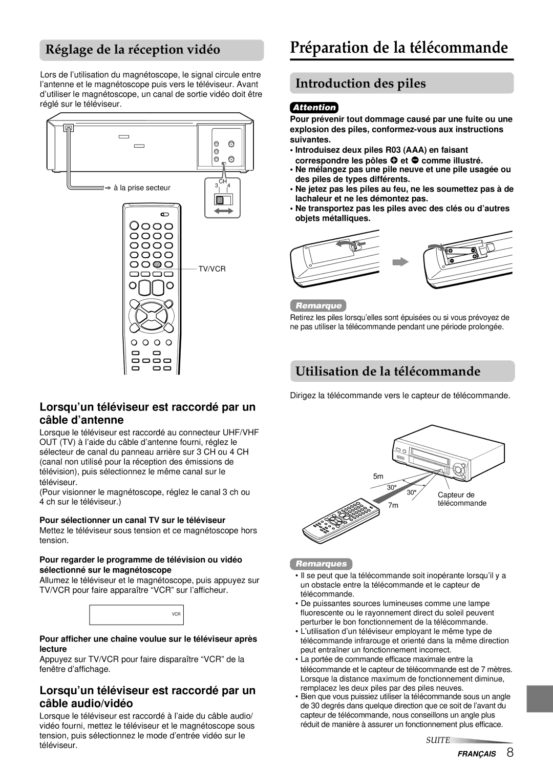 Aiwa HV-FX8100U Préparation de la télécommande, Réglage de la réception vidéo, Introduction des piles 