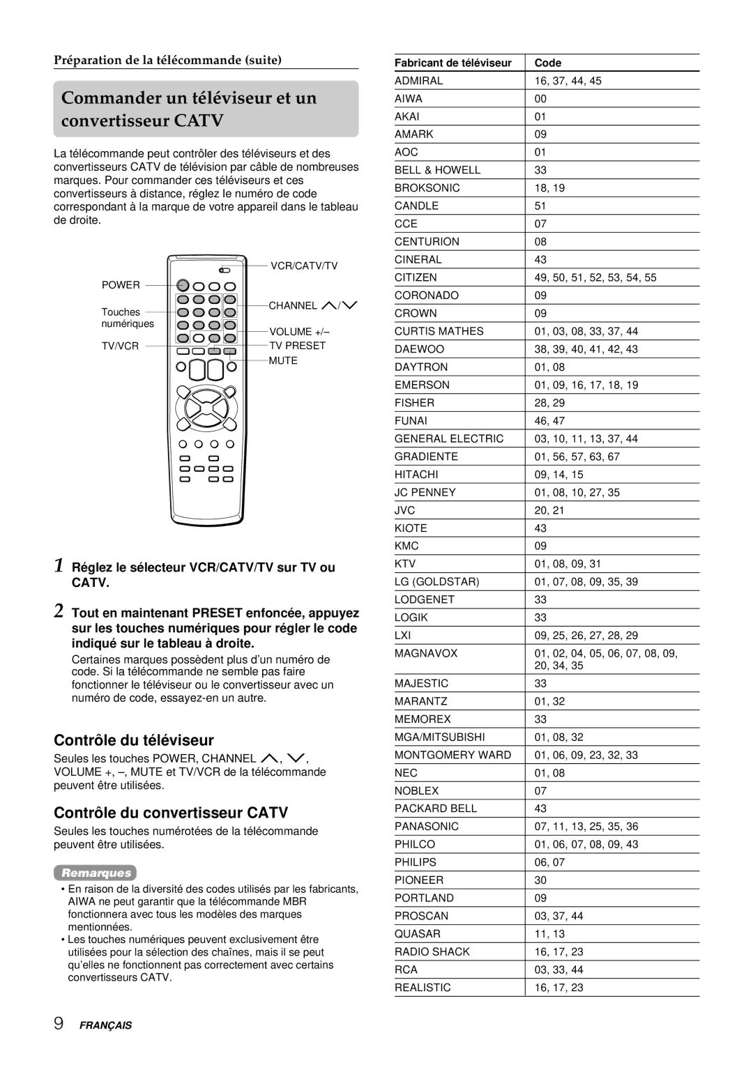 Aiwa HV-FX8100U operating instructions Commander un téléviseur et un convertisseur Catv, Contrô le du té lé viseur 