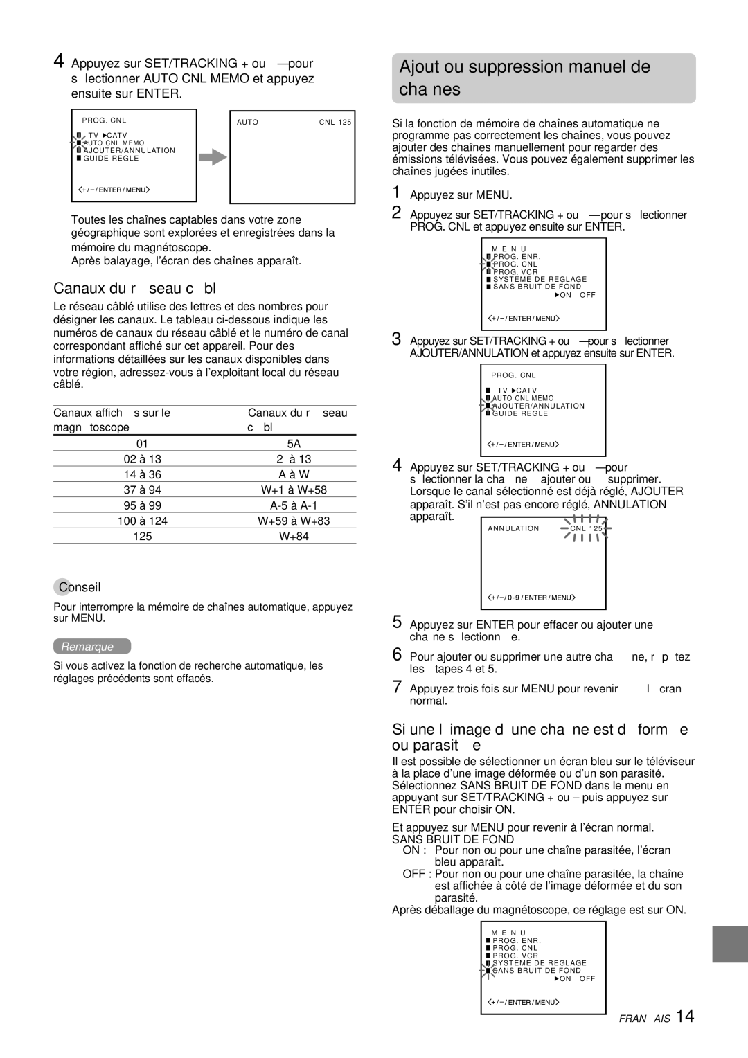 Aiwa HV-FX8100U operating instructions Ajout ou suppression manuel de chaînes, Canaux du ré seau câ blé 