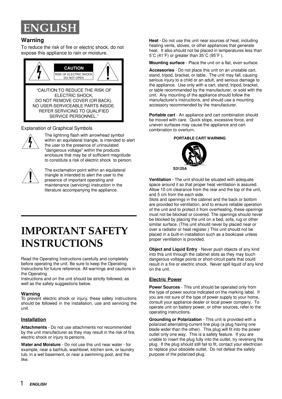 Aiwa HV-FX9000U operating instructions Explanation of Graphical Symbols, Installation, Electric Power 