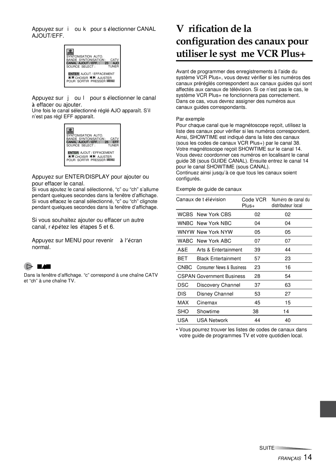 Aiwa HV-FX9000U operating instructions Appuyez sur i ou k pour sé lectionner Canal, Ajout/Eff, Par exemple, Plus+ 