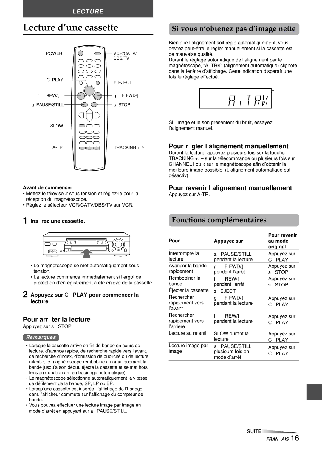 Aiwa HV-FX9000U Lecture d’une cassette, Si vous n’obtenez pas d’image nette, Fonctions complémentaires 