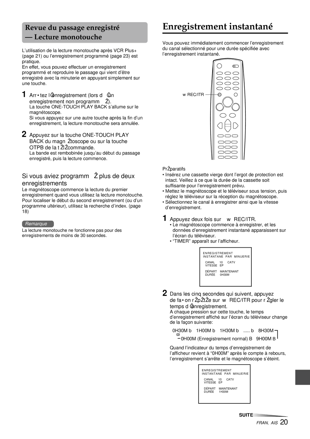 Aiwa HV-FX9000U Enregistrement instantané, Revue du passage enregistré Lecture monotouche, Appuyez deux fois sur w REC/ITR 