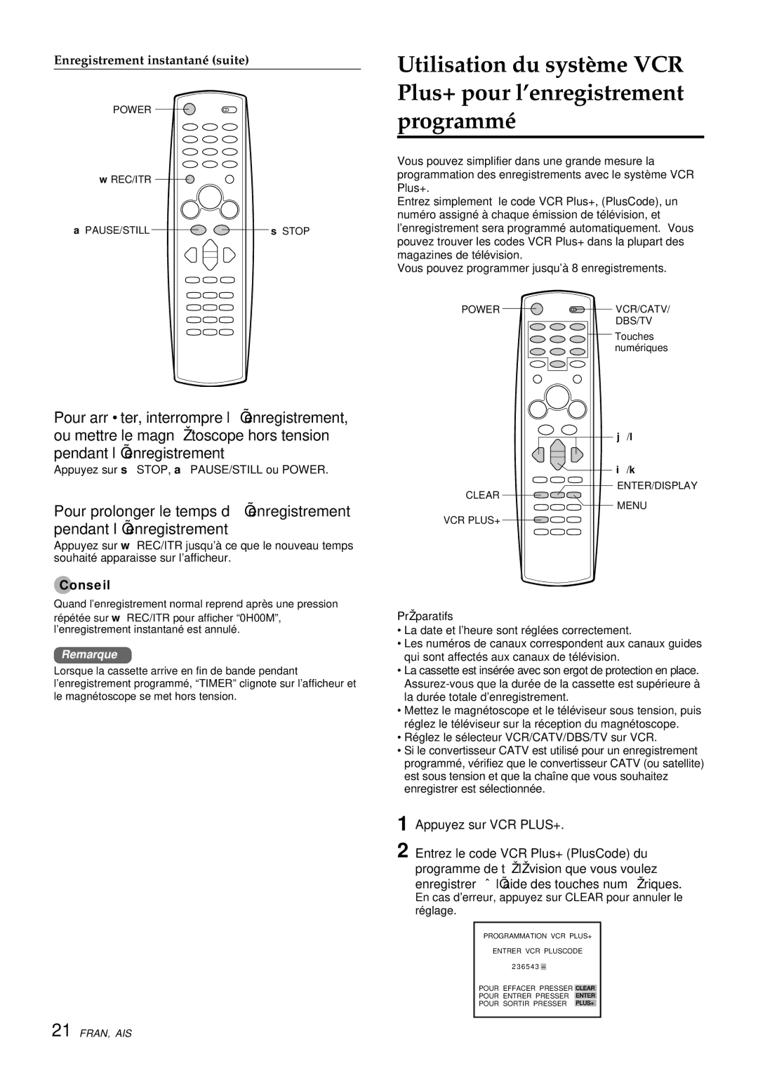 Aiwa HV-FX9000U Appuyez sur s STOP, a PAUSE/STILL ou Power, En cas d’erreur, appuyez sur Clear pour annuler le réglage 