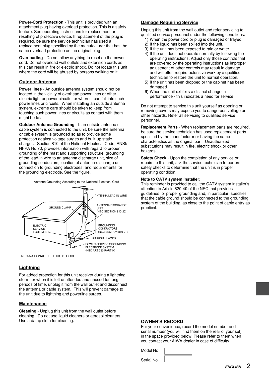 Aiwa HV-FX9000U operating instructions Outdoor Antenna, Lightning, Maintenance, Damage Requiring Service, Owners Record 