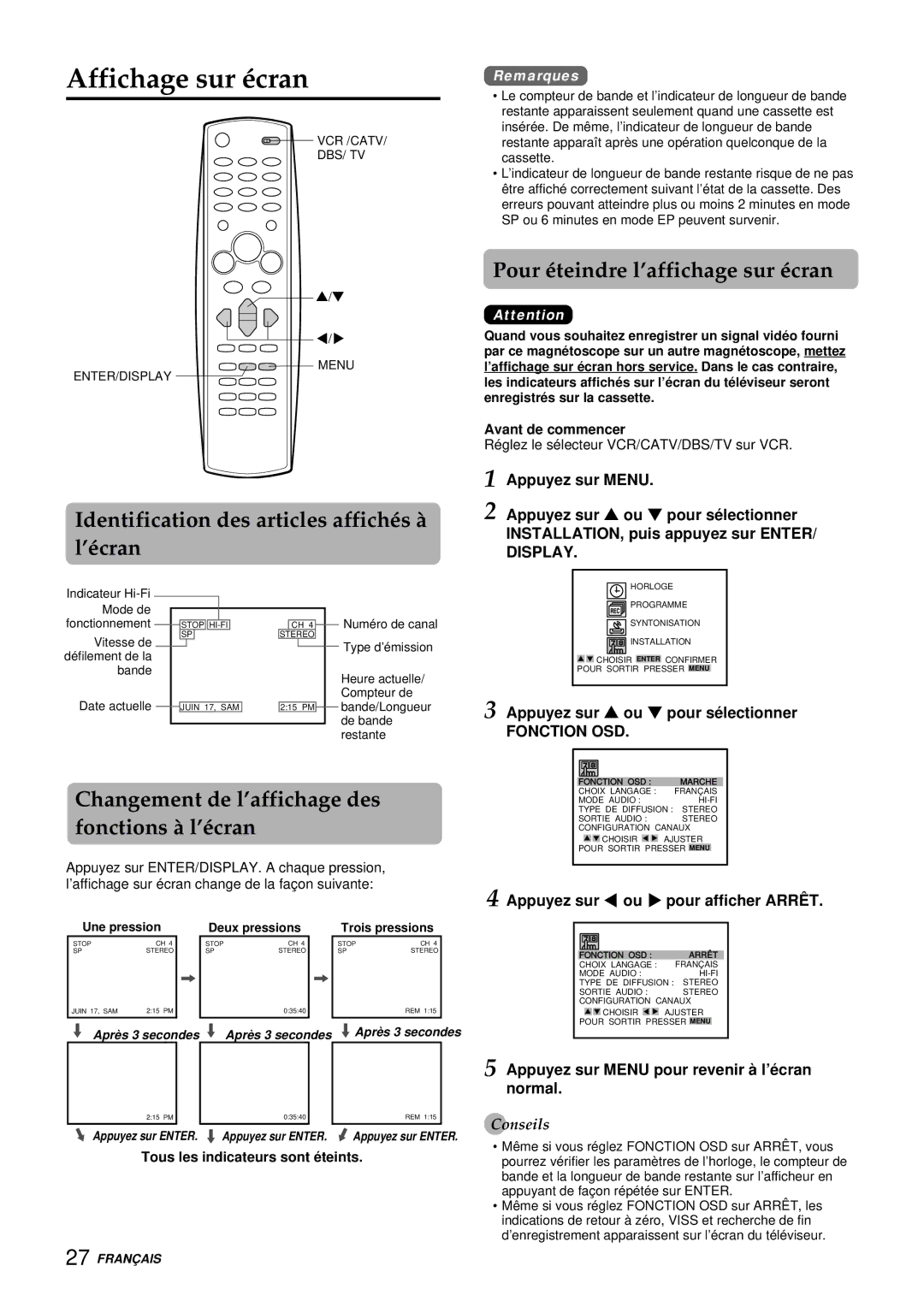 Aiwa HV-FX9000U Affichage sur écran, Changement de l’affichage des fonctions à l’écran, Fonction OSD 