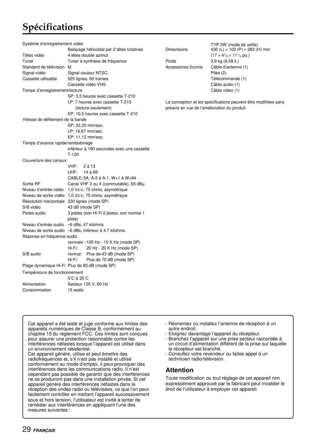 Aiwa HV-FX9000U operating instructions Spécifications 