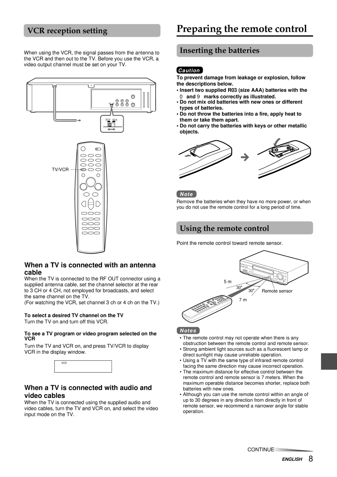 Aiwa HV-FX9000U Preparing the remote control, VCR reception setting, Inserting the batteries, Using the remote control 