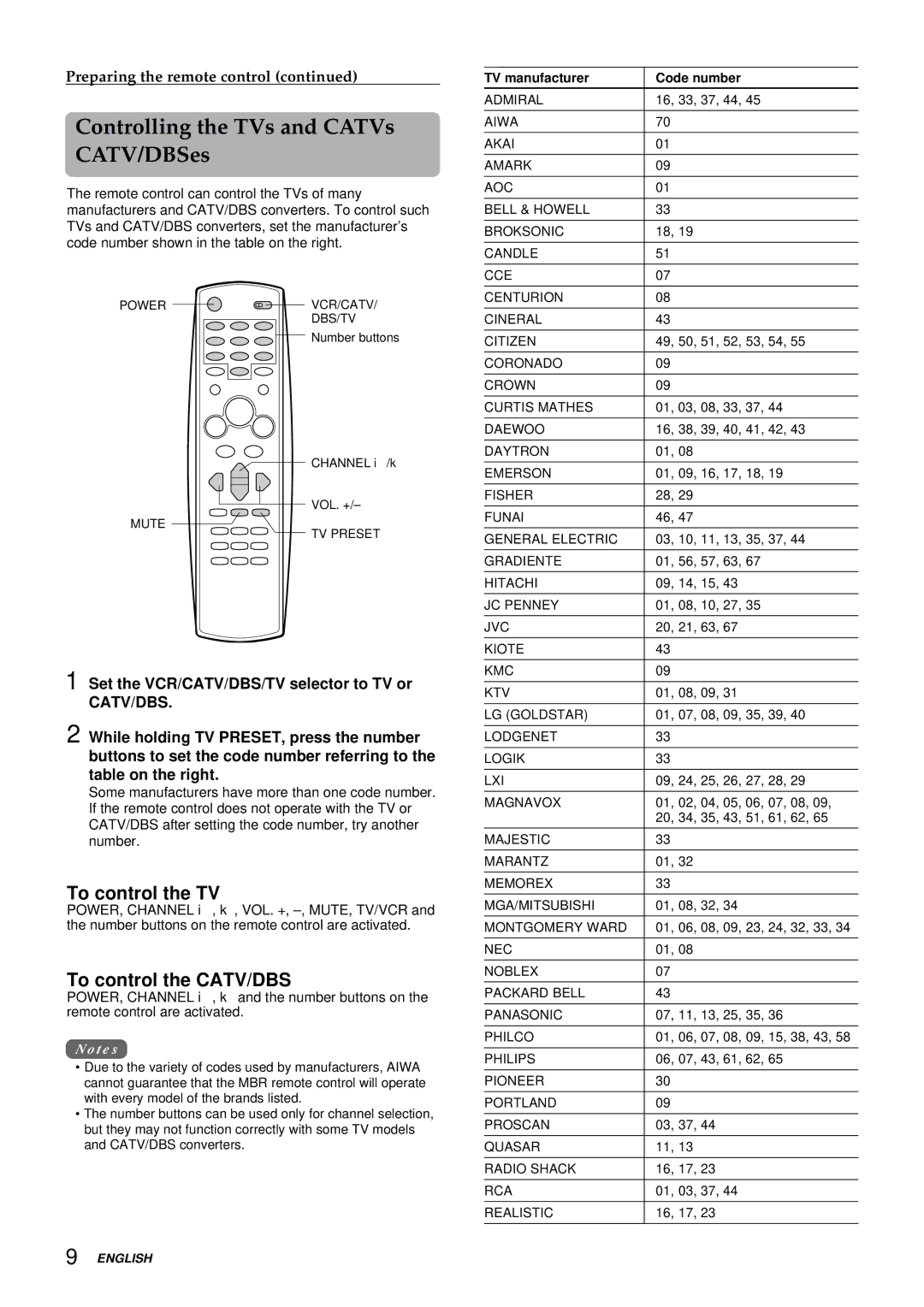 Aiwa HV-FX9000U operating instructions Controlling the TVs and CATVs CATV/DBSes, To control the TV, To control the CATV/DBS 