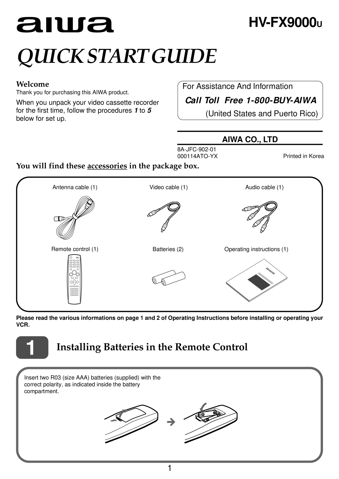 Aiwa HV-FX9000U Installing Batteries in the Remote Control, Welcome, You will find these accessories in the package box 