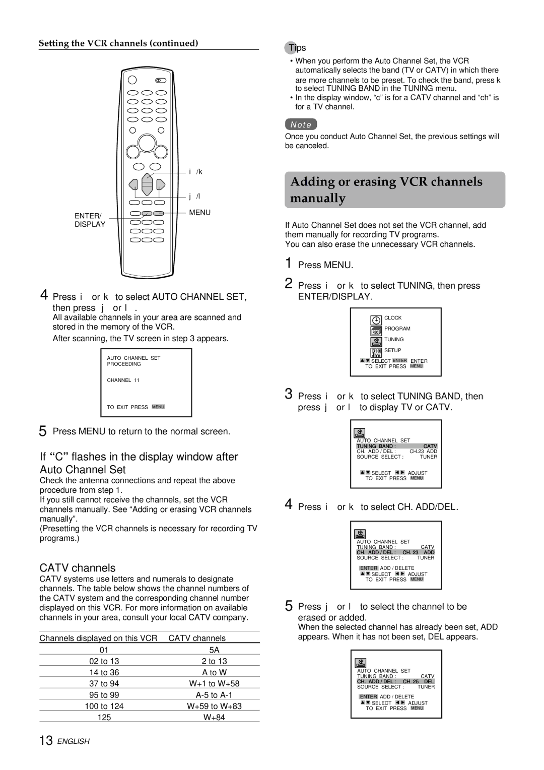 Aiwa HV-FX9000U Adding or erasing VCR channels manually, If C flashes in the display window after Auto Channel Set 