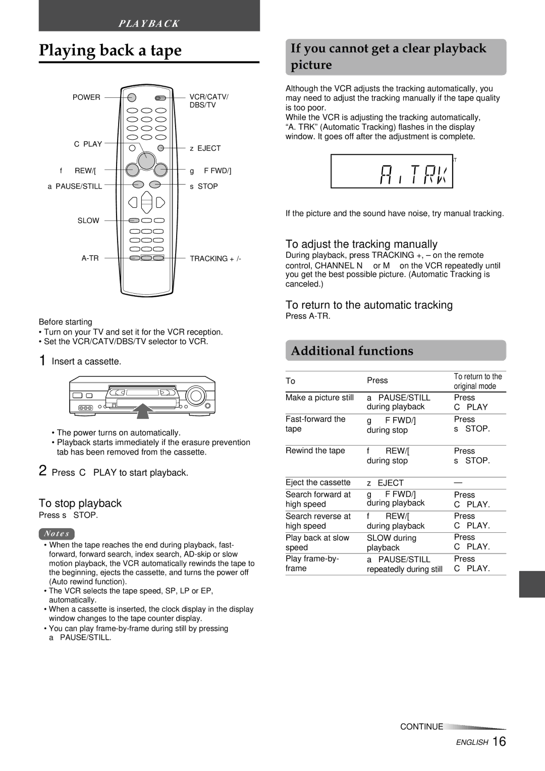 Aiwa HV-FX9000U Playing back a tape, If you cannot get a clear playback picture, Additional functions 