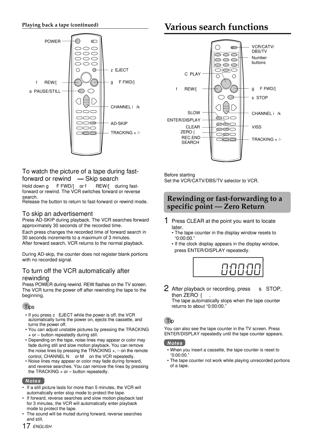 Aiwa HV-FX9000U Various search functions, To skip an advertisement, To turn off the VCR automatically after rewinding 