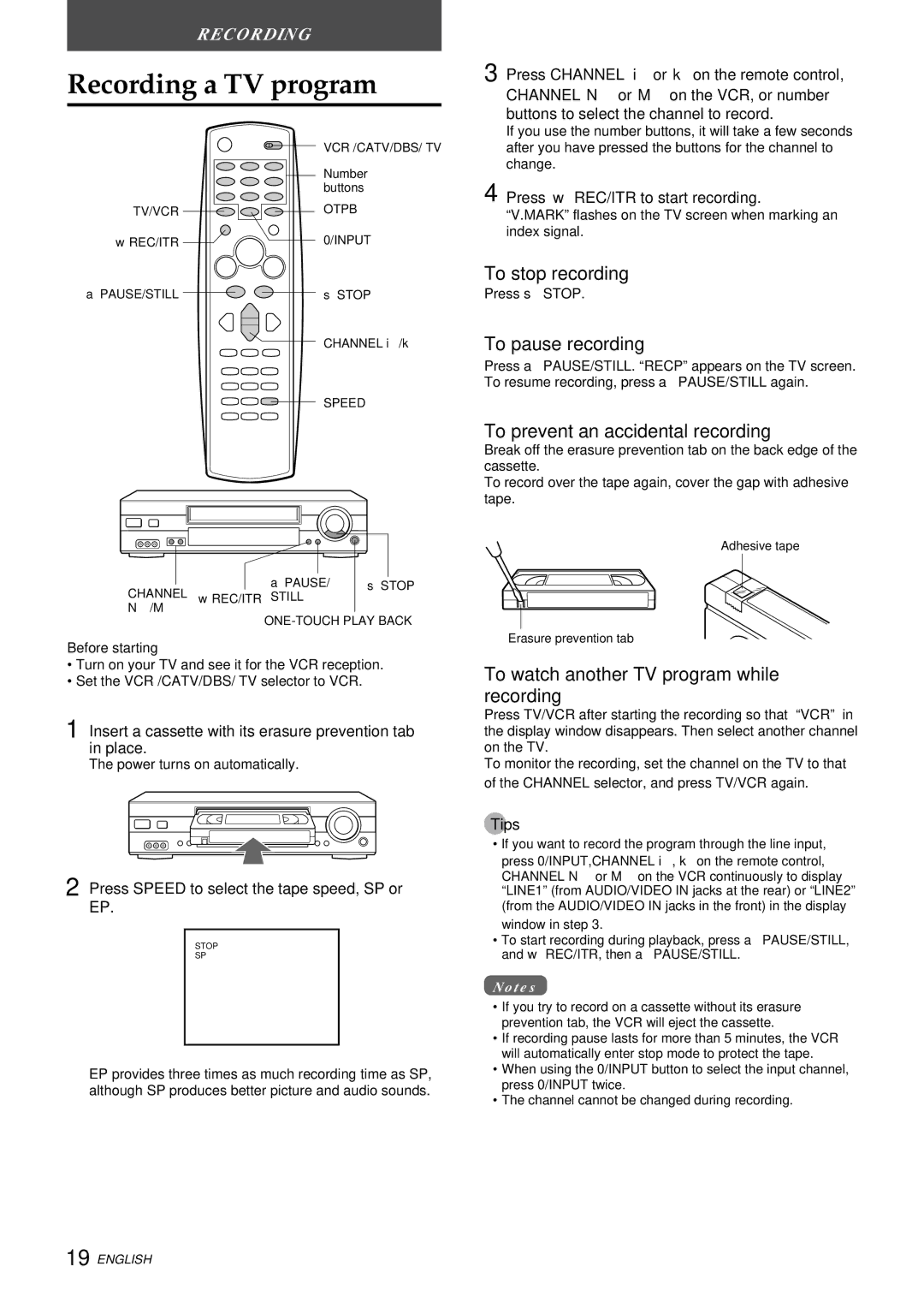 Aiwa HV-FX9000U Recording a TV program, To stop recording, To pause recording, To prevent an accidental recording 