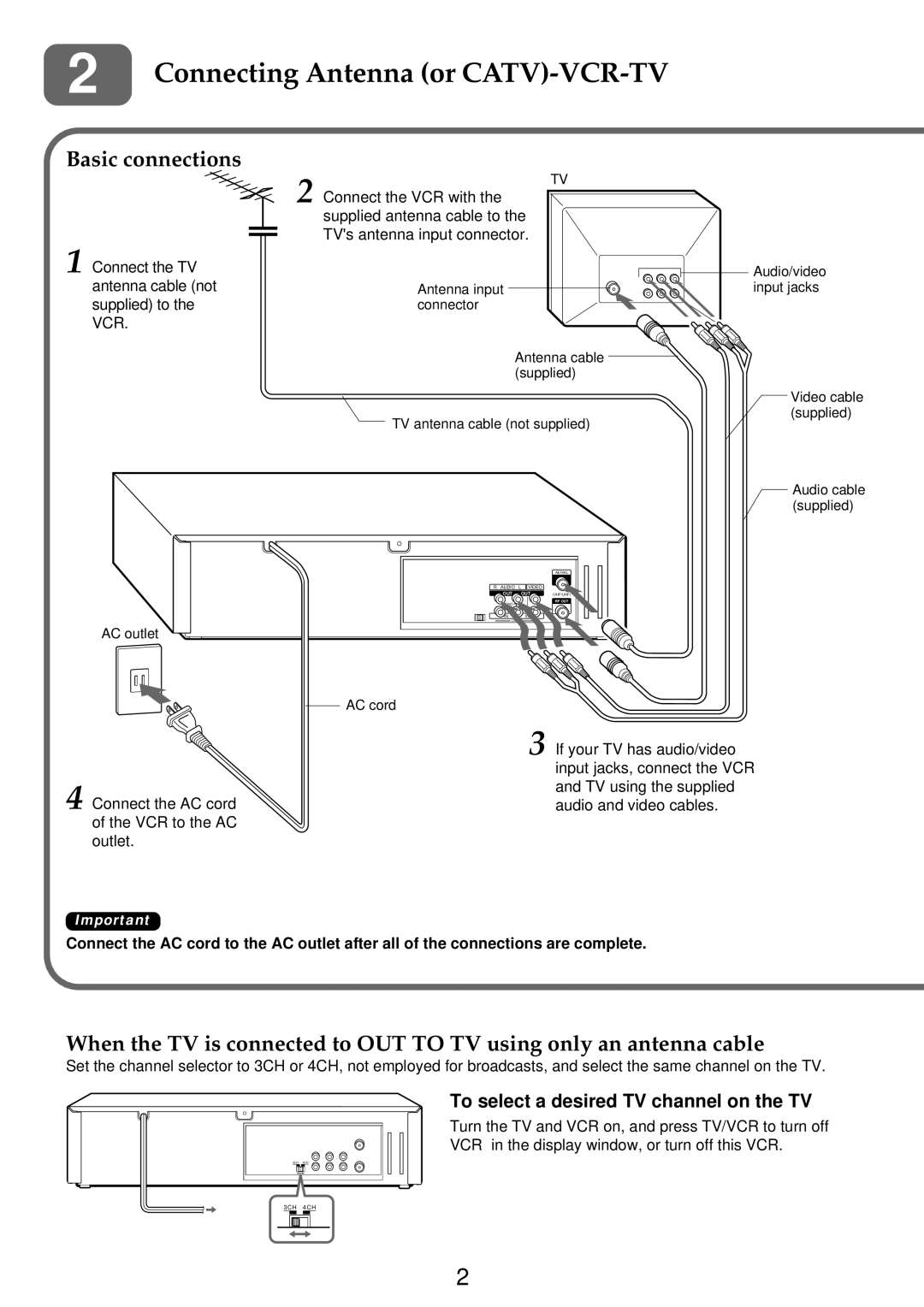 Aiwa HV-FX9000U Connecting Antenna or CATV-VCR-TV, Basic connections, To select a desired TV channel on the TV 