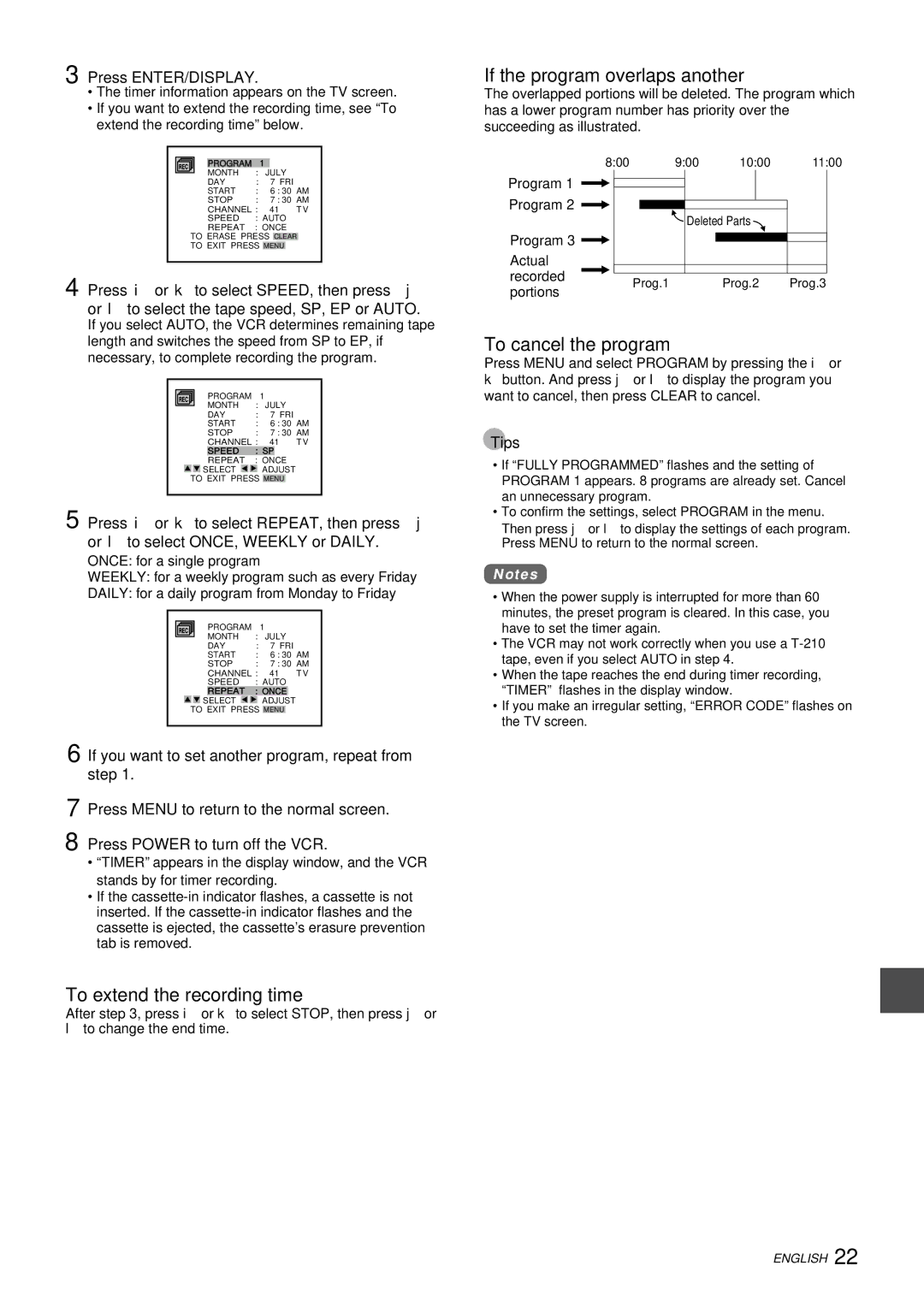 Aiwa HV-FX9000U To extend the recording time, If the program overlaps another, To cancel the program, Press ENTER/DISPLAY 