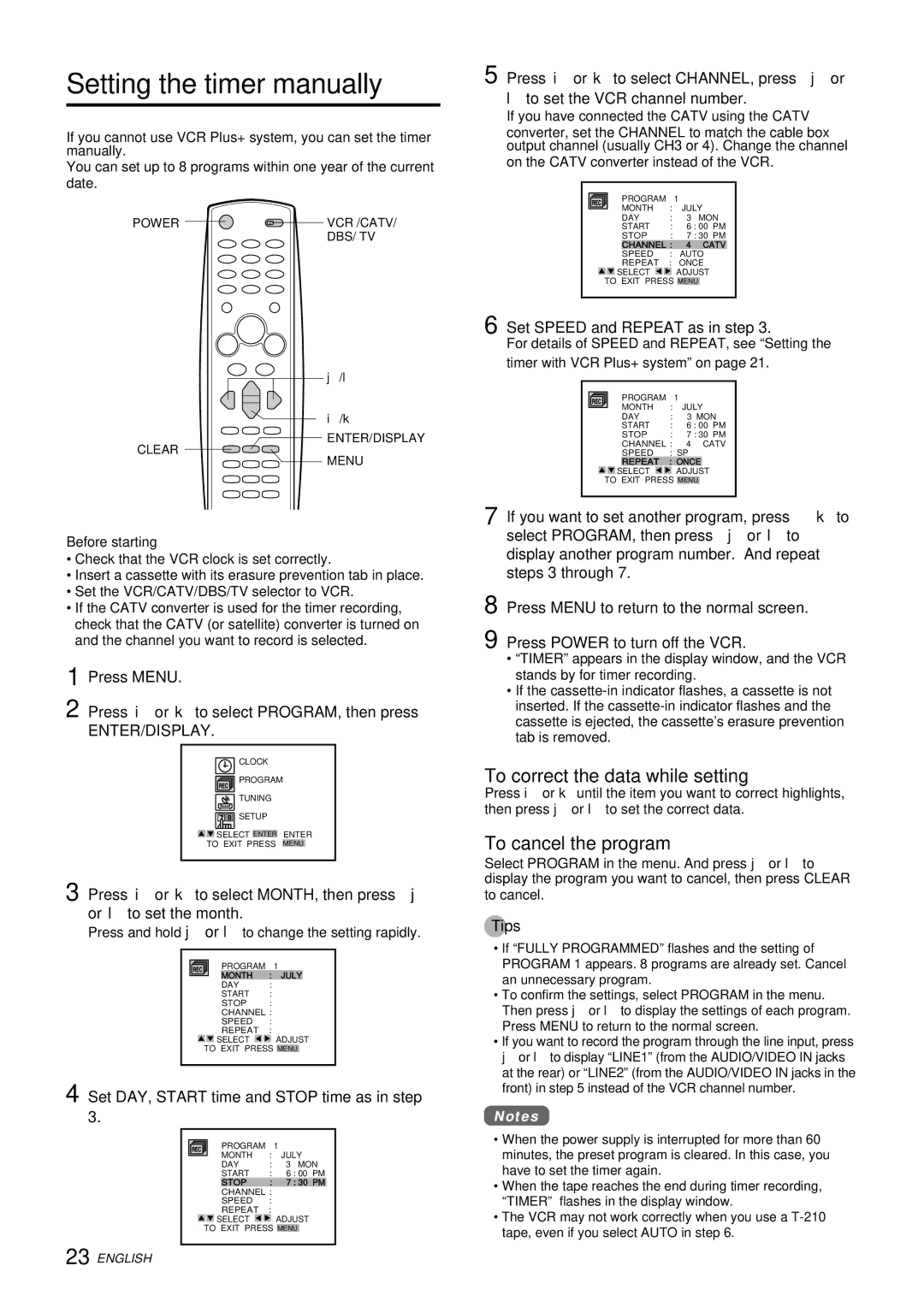 Aiwa HV-FX9000U Setting the timer manually, To correct the data while setting, Set Speed and Repeat as in step 