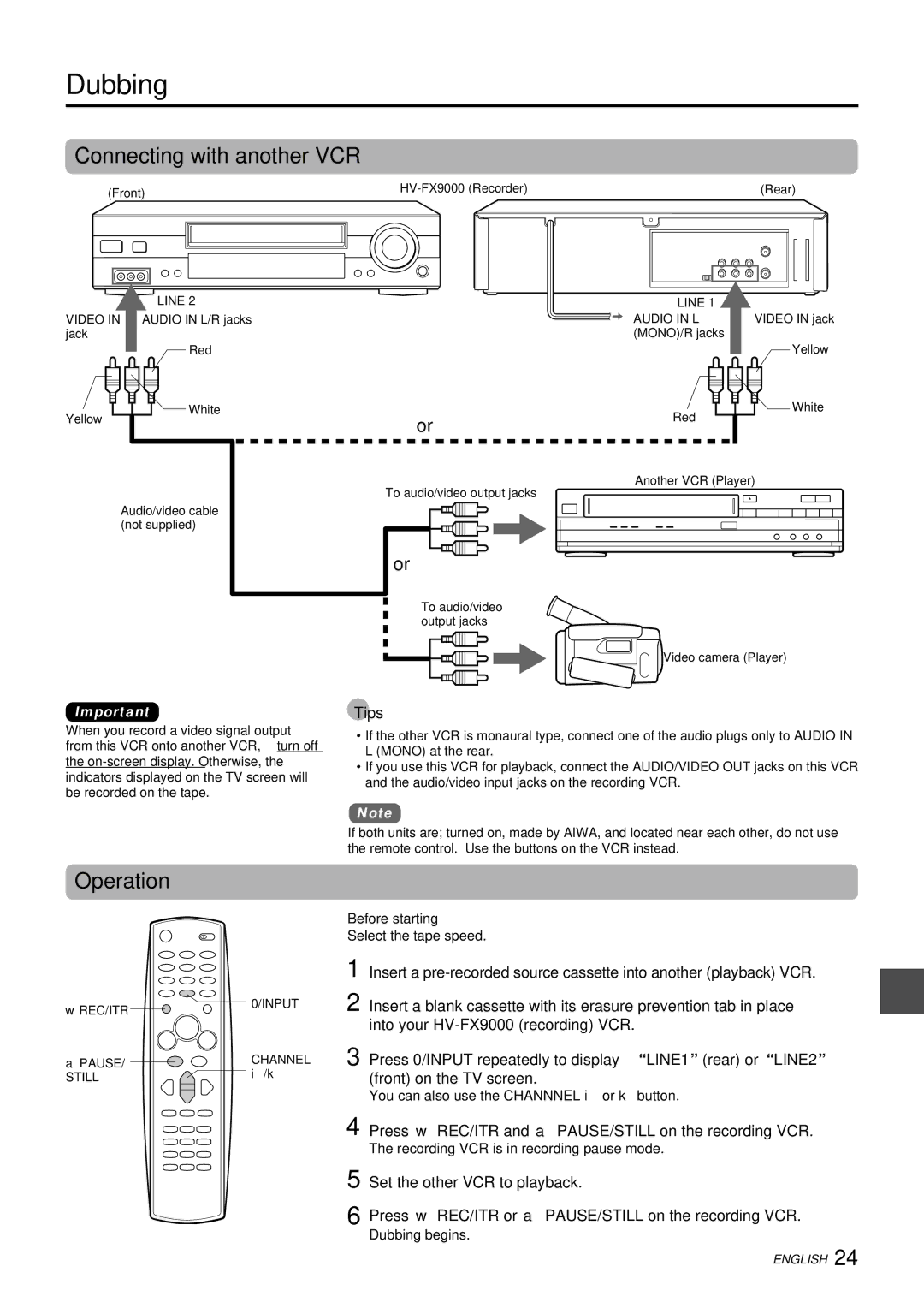 Aiwa HV-FX9000U Dubbing, Connecting with another VCR, Operation, Press w REC/ITR and a PAUSE/STILL on the recording VCR 