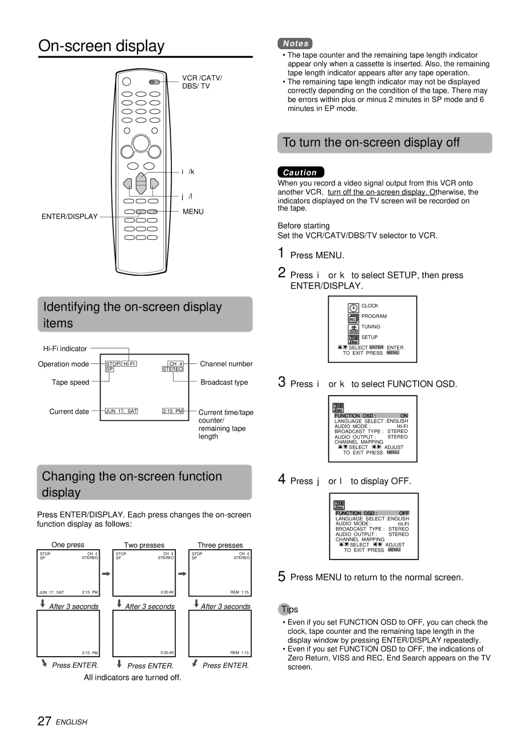 Aiwa HV-FX9000U On-screen display, To turn the on-screen display off, Identifying the on-screen display, Items 