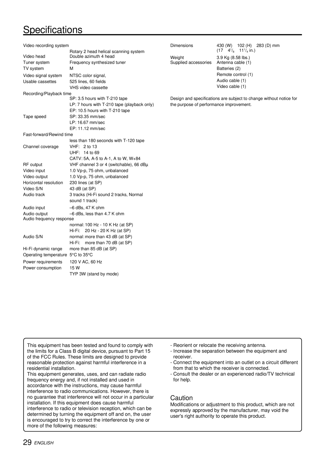 Aiwa HV-FX9000U operating instructions Specifications, Vhf Uhf 