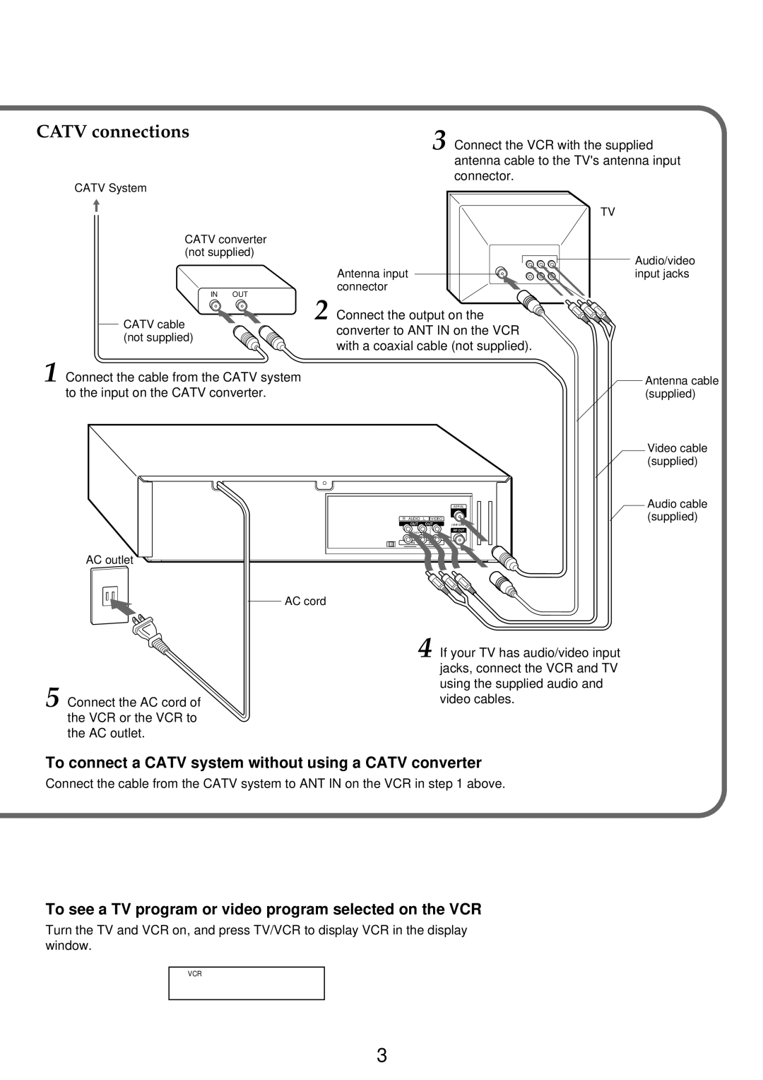 Aiwa HV-FX9000U operating instructions Catv connections, To connect a Catv system without using a Catv converter 