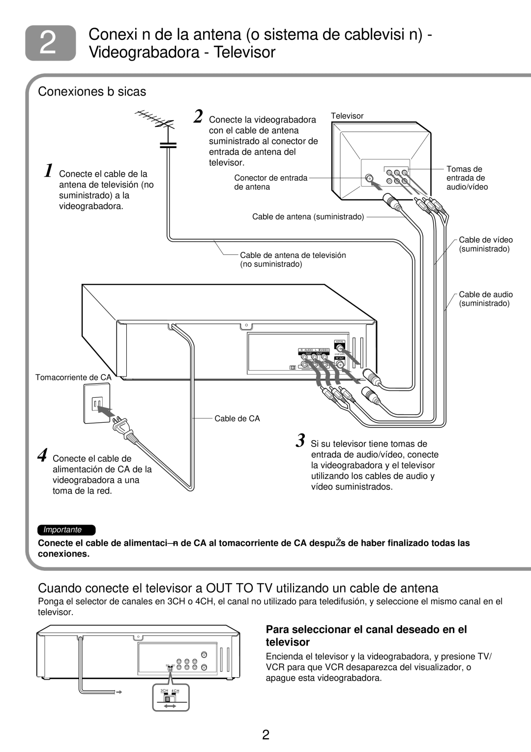 Aiwa HV-FX9000U Conexión de la antena o sistema de cablevisión, Videograbadora Televisor, Conexiones básicas, Cable de CA 