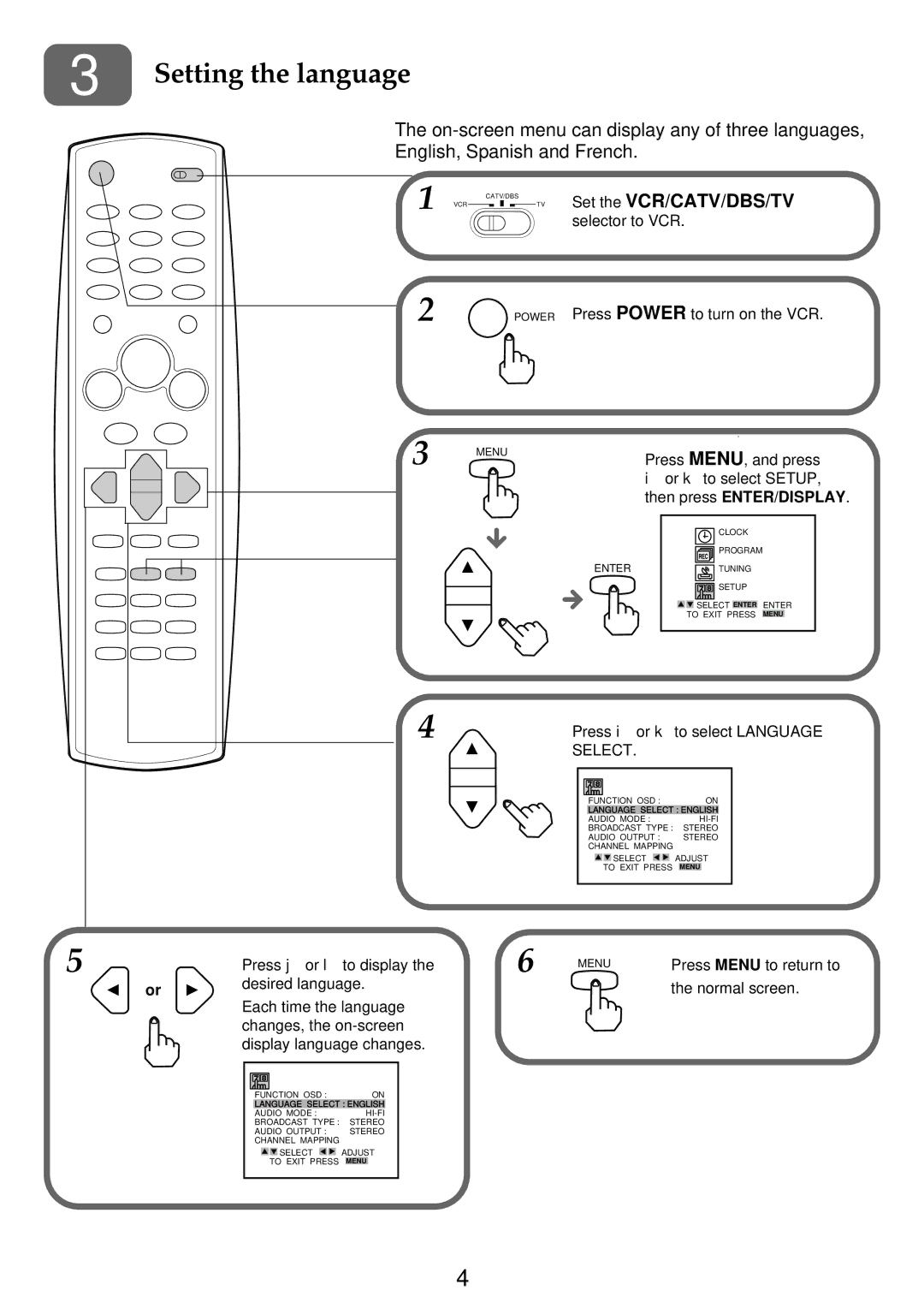 Aiwa HV-FX9000U operating instructions Setting the language, Set the VCR/CATV/DBS/TV, Then press ENTER/DISPLAY 