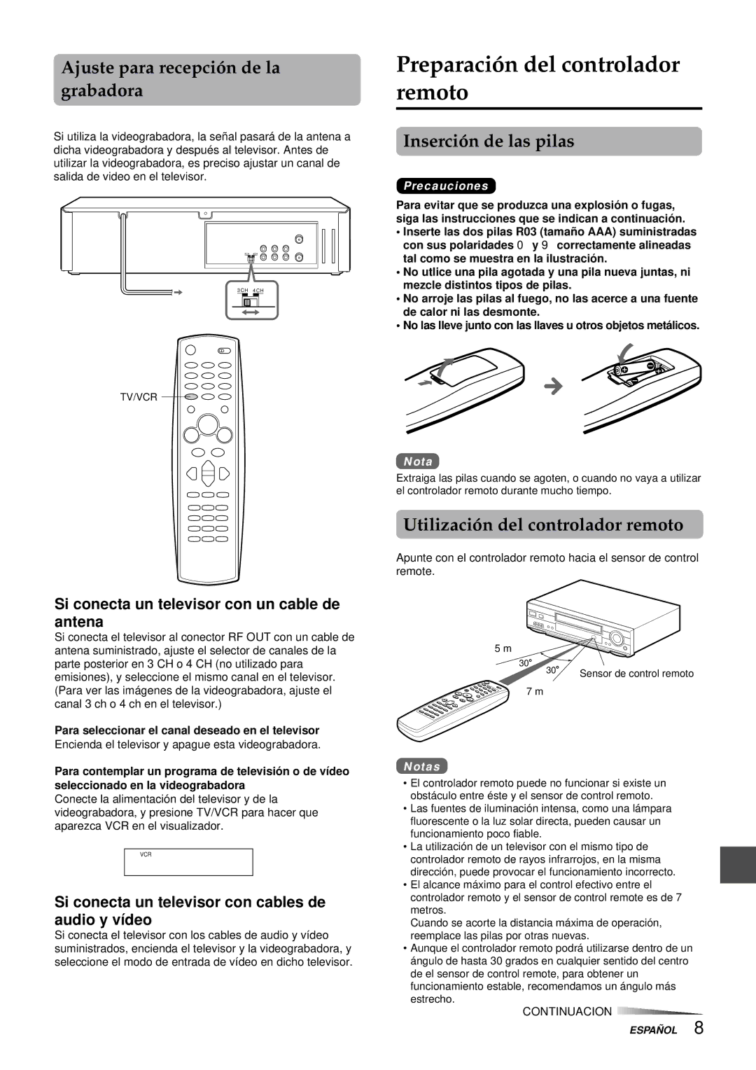 Aiwa HV-FX9000U Preparación del controlador remoto, Ajuste para recepción de la grabadora, Inserción de las pilas 