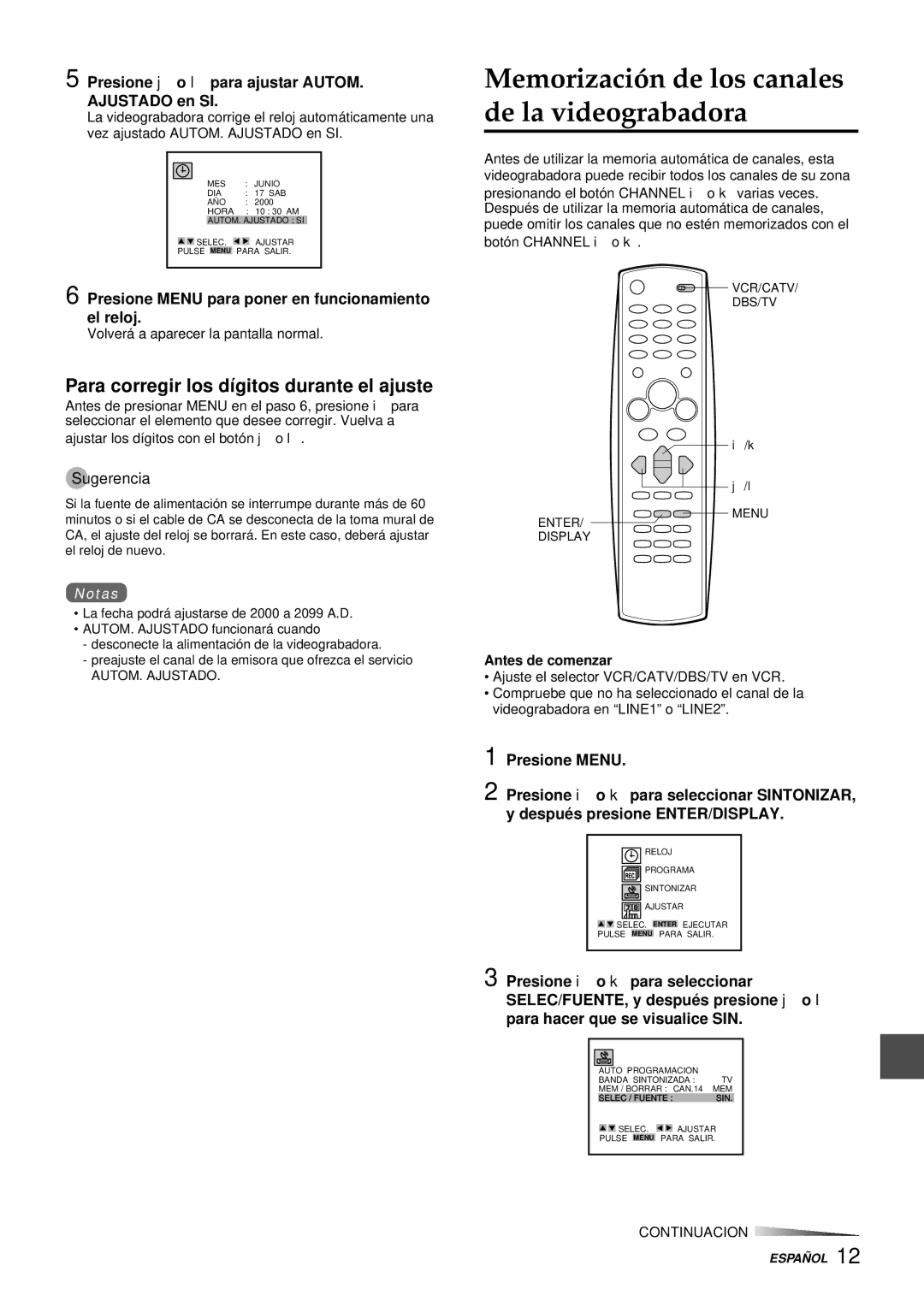 Aiwa HV-FX9000U Memorización de los canales de la videograbadora, Para corregir los dígitos durante el ajuste 