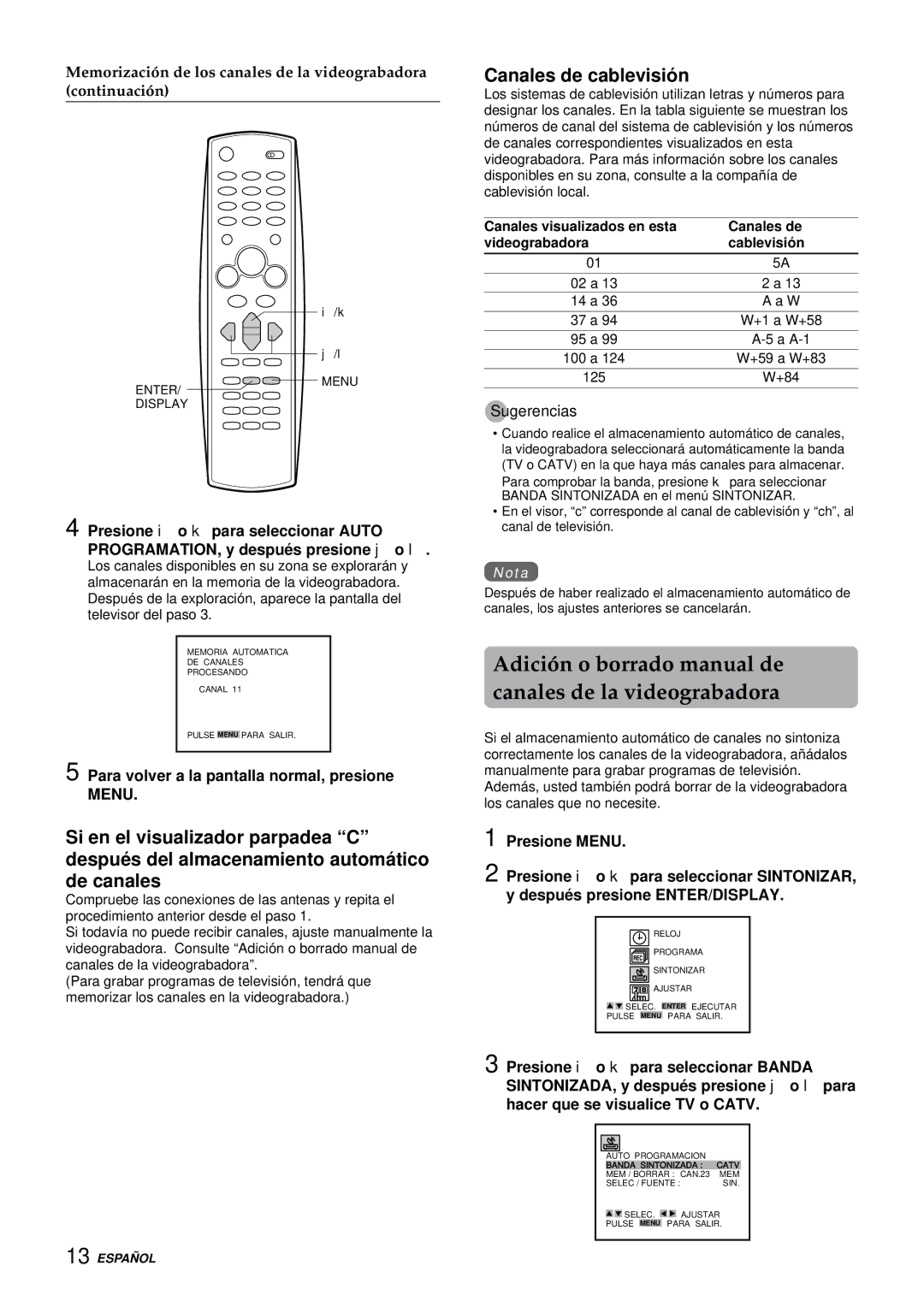 Aiwa HV-FX9000U Adición o borrado manual de canales de la videograbadora, Canales de cablevisió n, Banda Sintonizada Catv 