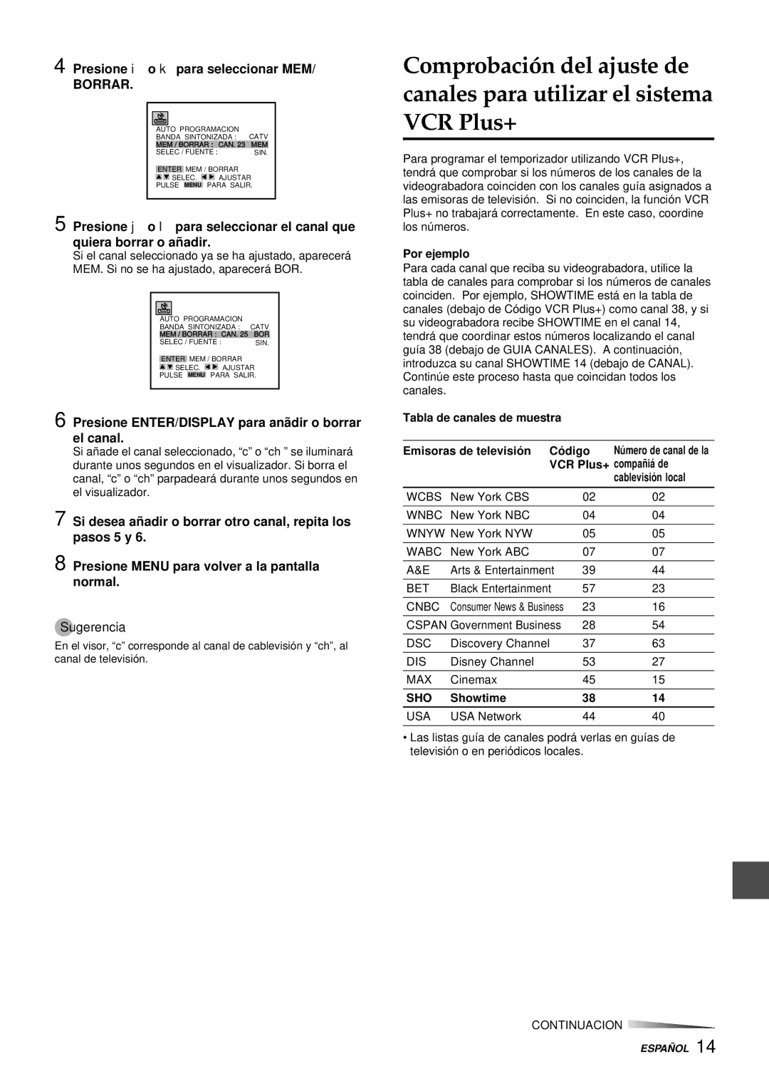 Aiwa HV-FX9000U operating instructions Presione i o k para seleccionar MEM, Borrar 