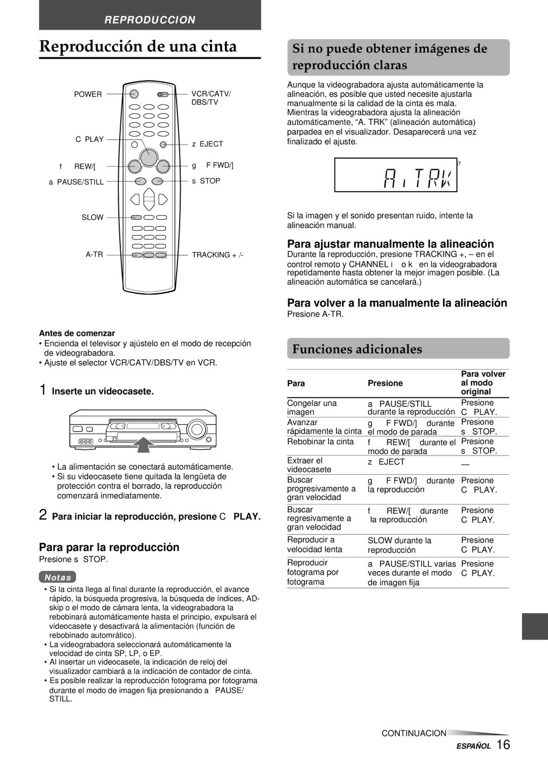 Aiwa HV-FX9000U Reproducción de una cinta, Si no puede obtener imágenes de reproducción claras, Funciones adicionales 