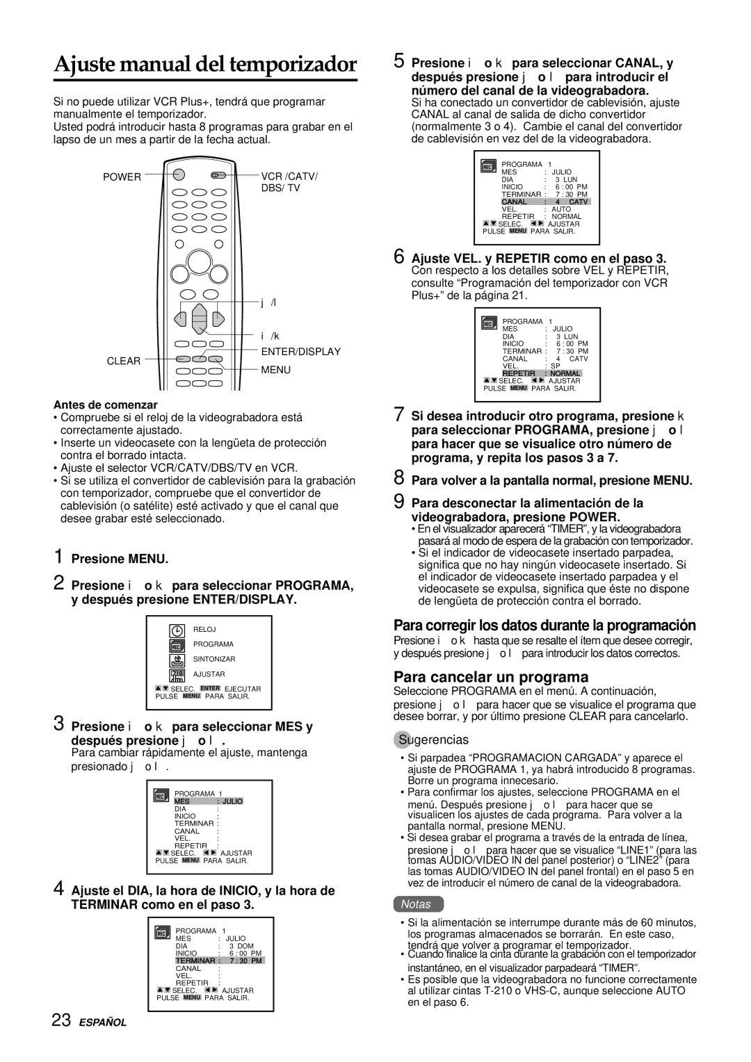 Aiwa HV-FX9000U operating instructions Ajuste manual del temporizador, Para corregir los datos durante la programació n 