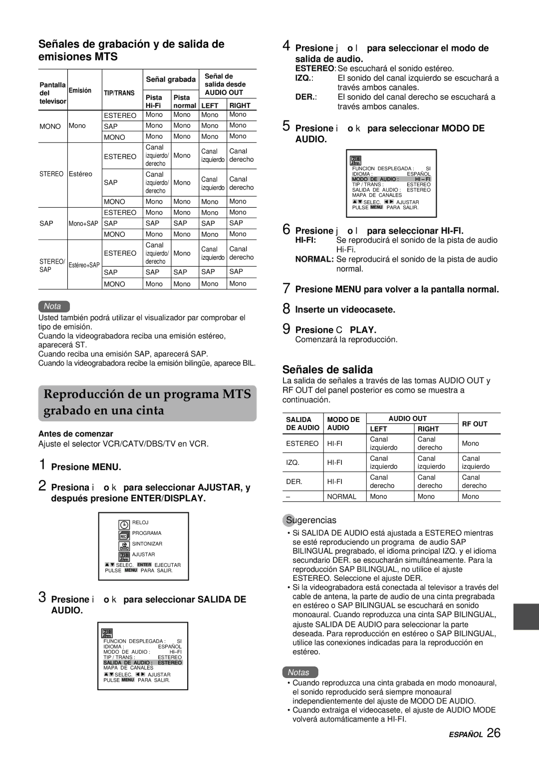 Aiwa HV-FX9000U Reproducción de un programa MTS grabado en una cinta, Señ ales de grabació n y de salida de emisiones MTS 