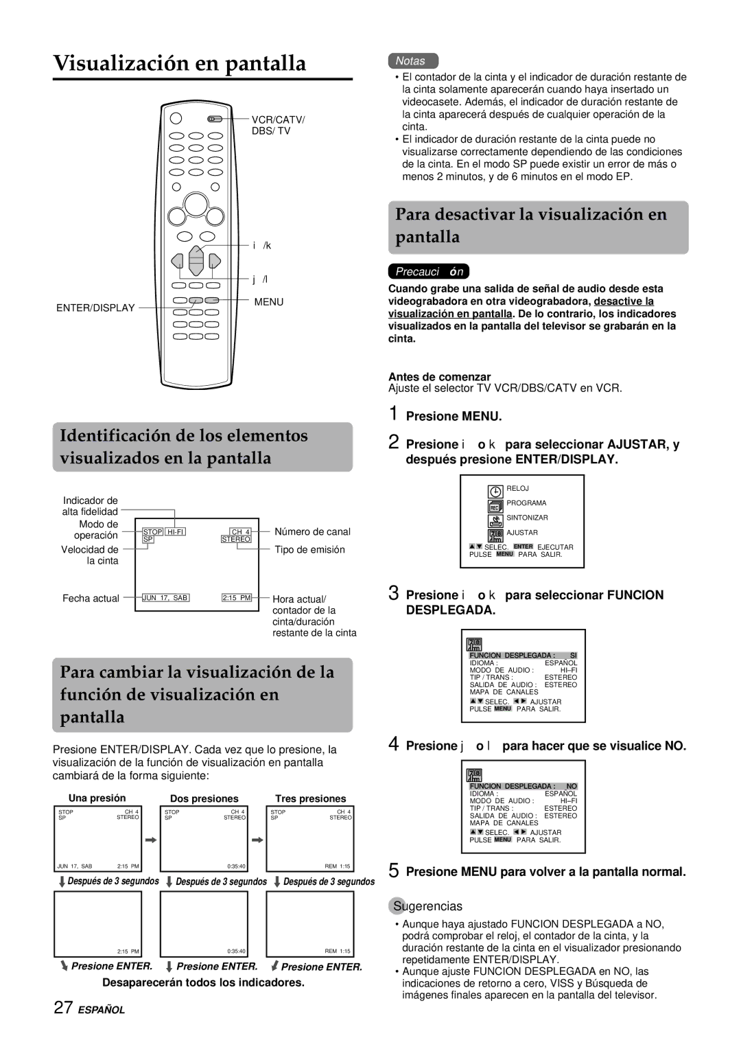 Aiwa HV-FX9000U operating instructions Visualización en pantalla, Para desactivar la visualización en pantalla, Desplegada 