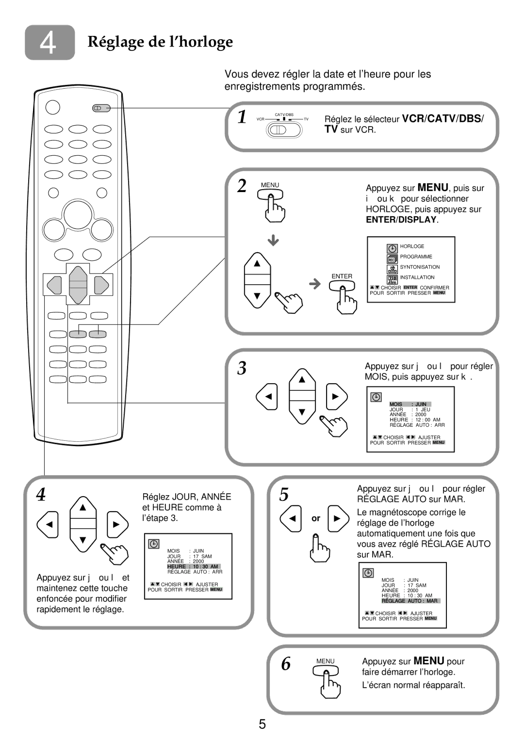 Aiwa HV-FX9000U operating instructions Réglage de l’horloge 