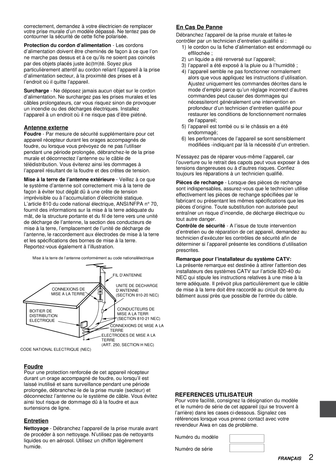 Aiwa HV-FX9000U operating instructions Antenne externe, En Cas De Panne, Foudre, Entretien, References Utilisateur 