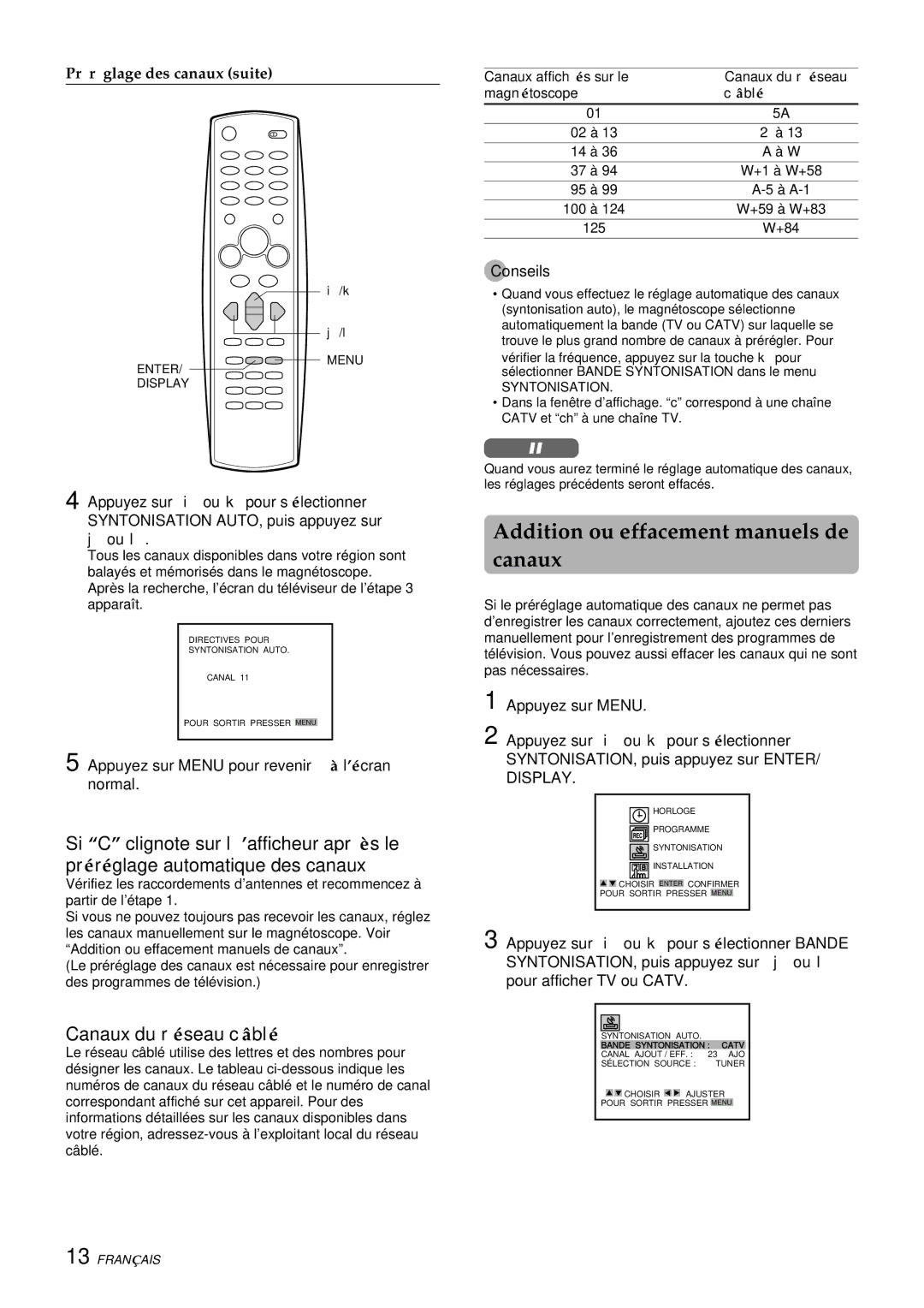 Aiwa HV-FX9000U operating instructions Addition ou effacement manuels de canaux, Canaux du ré seau câ blé, Câ blé 