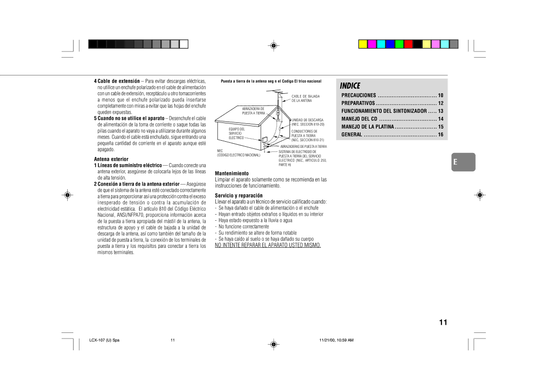 Aiwa LCX-107 Antena exterior, Mantenimiento, Servicio y reparación, Precauciones Preparativos, Manejo DEL CD 