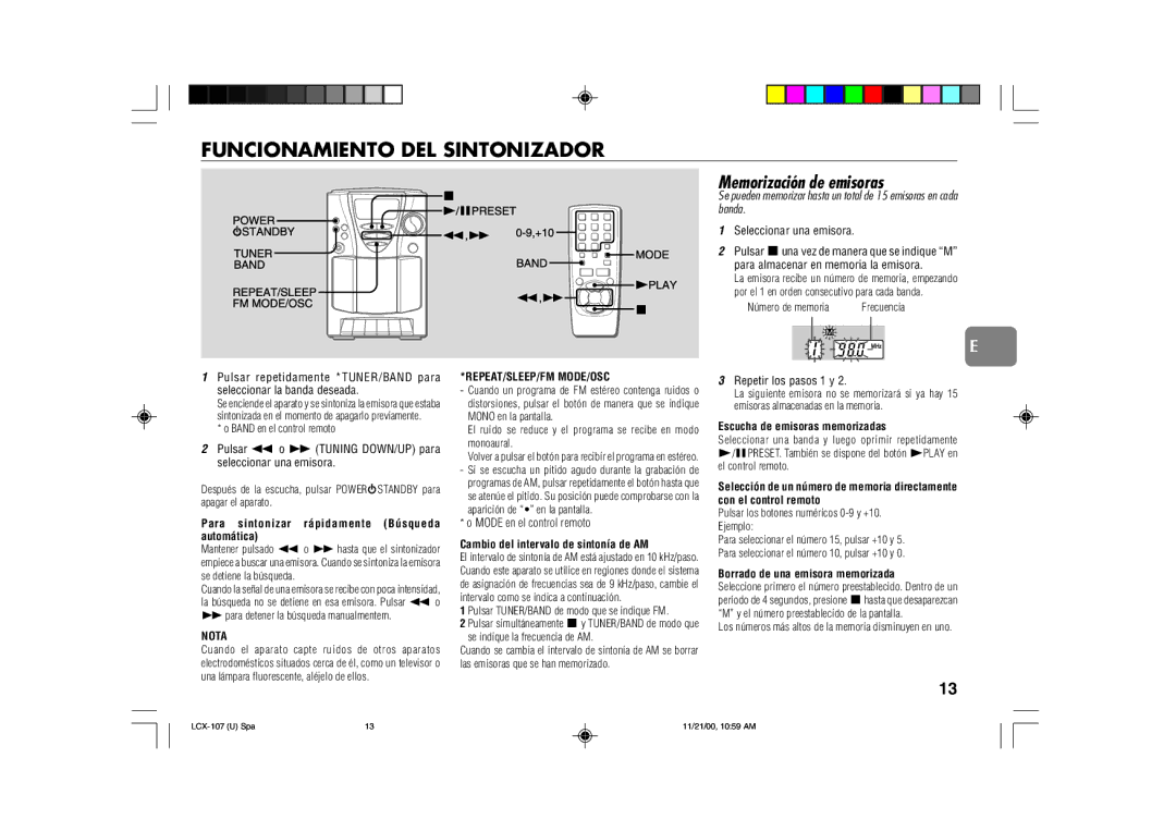 Aiwa LCX-107 operating instructions Funcionamiento DEL Sintonizador, Memorización de emisoras, Nota 