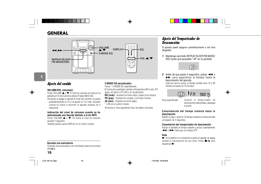 Aiwa LCX-107 operating instructions Ajuste del sonido, Ajuste del Temporizador de Desconexión 