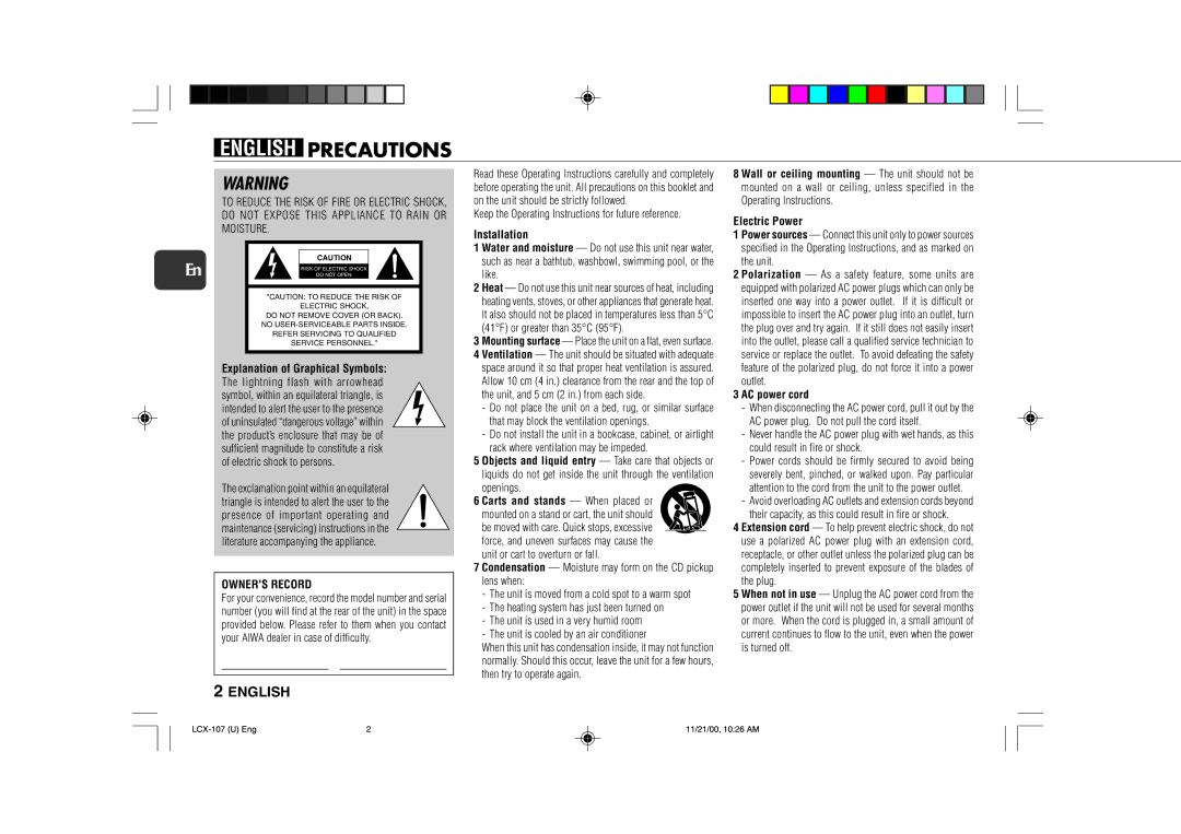 Aiwa LCX-107 English Precautions, Explanation of Graphical Symbols, Owners Record, Installation, AC power cord 