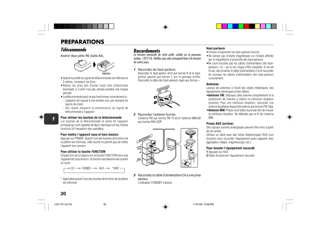 Aiwa LCX-107 operating instructions Télécommande, Raccordements 