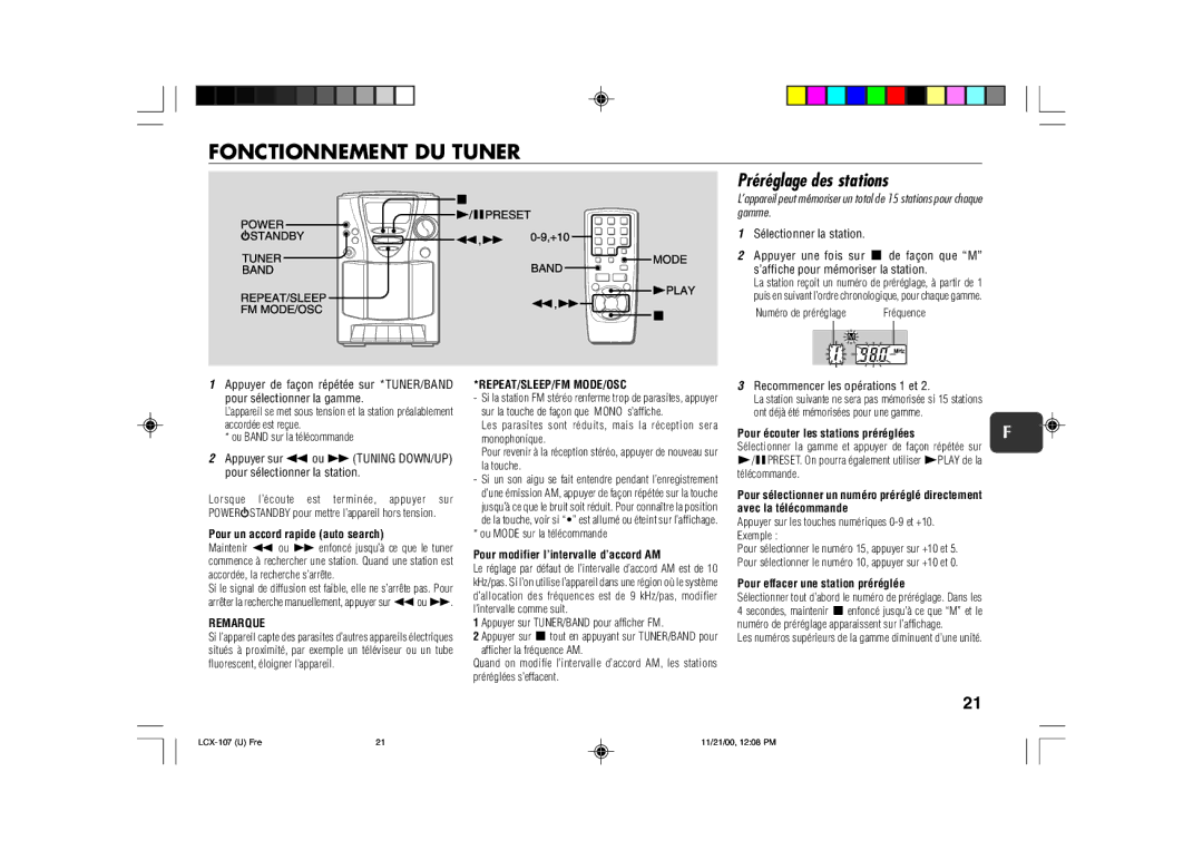 Aiwa LCX-107 operating instructions Fonctionnement DU Tuner, Préréglage des stations, Remarque 