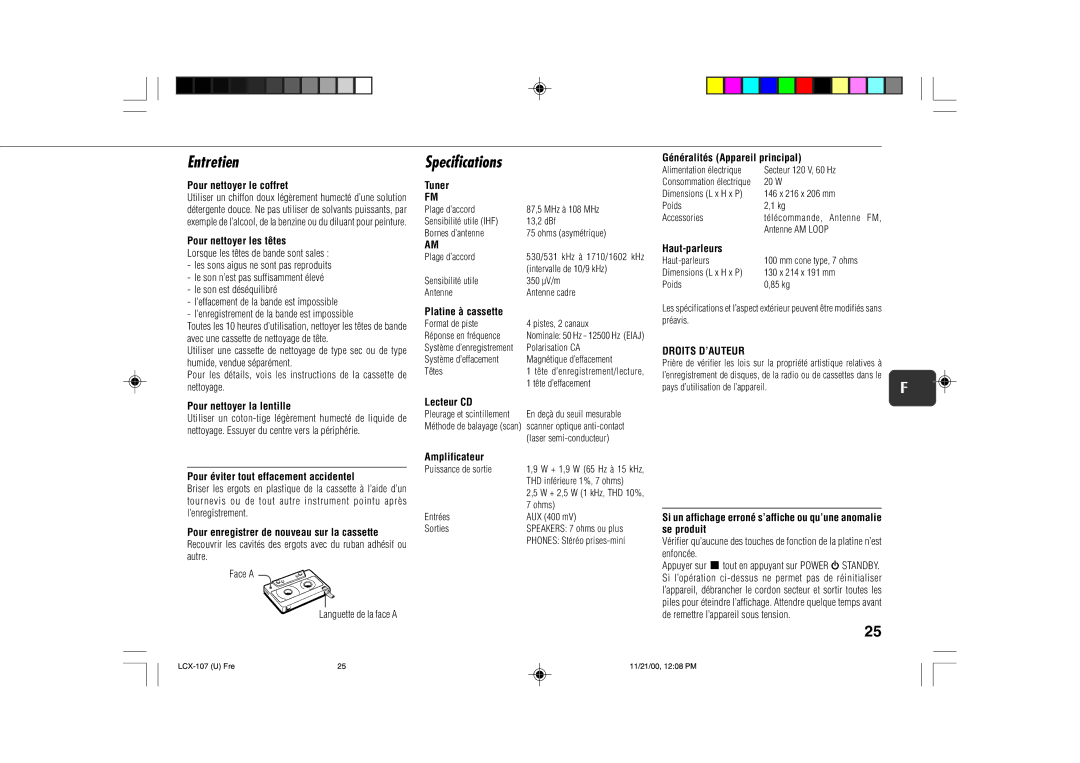 Aiwa LCX-107 operating instructions Entretien, Droits D’AUTEUR 